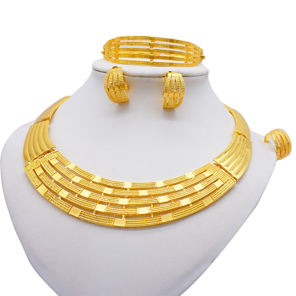 

African 24k Gold Color Jewelry Sets For Women Dubai Bridal Wedding Gifts Choker Necklace Bracelet Earrings Ring Jewellery Set