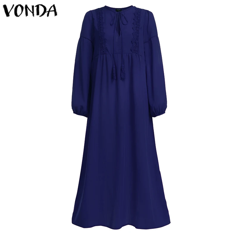 VONDA, новинка, весна, v-образный вырез, длинный рукав, одноцветное платье, свободное, большой размер, вечерние платья, женская мода, пляжный сарафан размера плюс, осень, Vestido - Цвет: Тёмно-синий