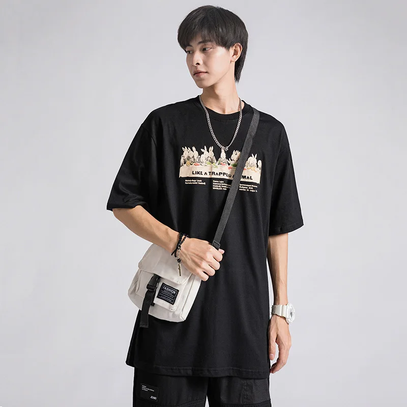 

Summer new short sleeve t-shirt men's Retro cartoon rabbit trend American style simple personality loose pure cotton fashion cou