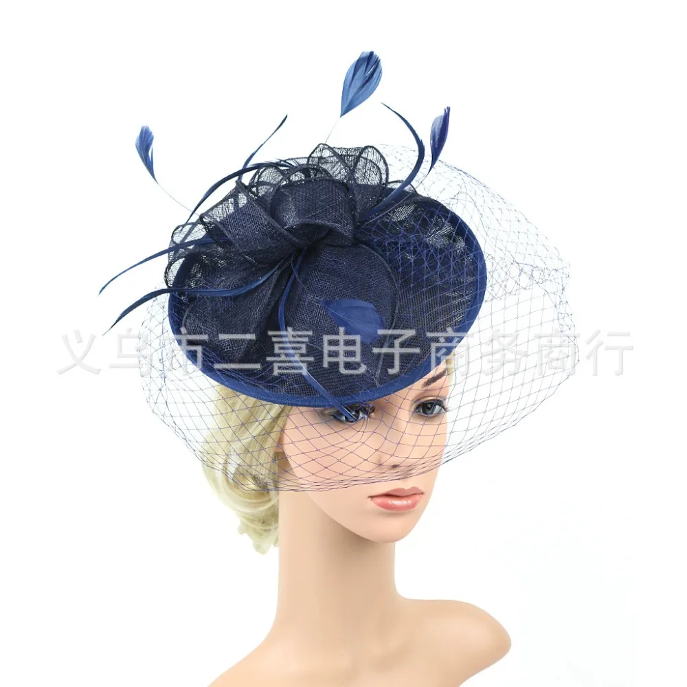 Аксессуары для невесты Jockey Gorro Королевский синий женские вечерние шапки с перьями льняная Свадебная шляпка с лицевая вуаль SQN047