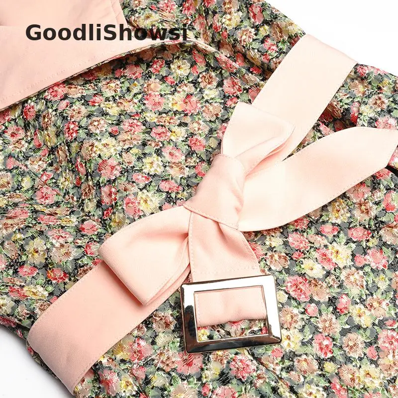GoodliShowsi Новое поступление пасторальное женское платье с цветочным рисунком контрастный цвет зубчатые лацканы с длинным рукавом шикарные асимметричные платья с поясом