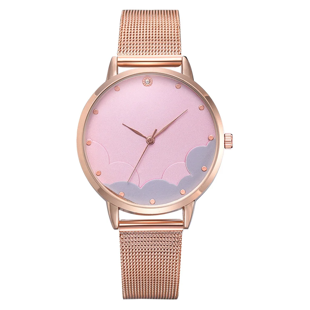 

Fashion Watch Women Luxury Diamond Cloud Mirror Blue Powder Mesh Belt Watch Simple Fine Point Scale Quartz Relojes De Mujer 2020