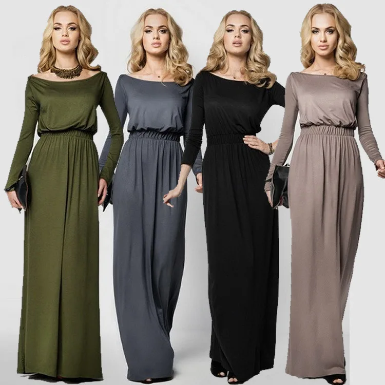 

Europe And America Spring New Style Horizontal Neck Long Sleeve Floor-Length Dress Versatile Fashion Solid Color High-waisted Sl