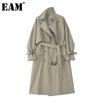 

[EAM] Women Camel Brief Big Size Long Trench New Lapel Long Sleeve Loose Fit Windbreaker Fashion Tide Spring Autumn 2020 1DA709