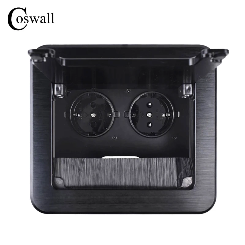 COSWALL Black Aluminum Metal Body Double EU Power Outlet Table Office Socket With Dustproof Brush Clamshell Cover | Обустройство дома