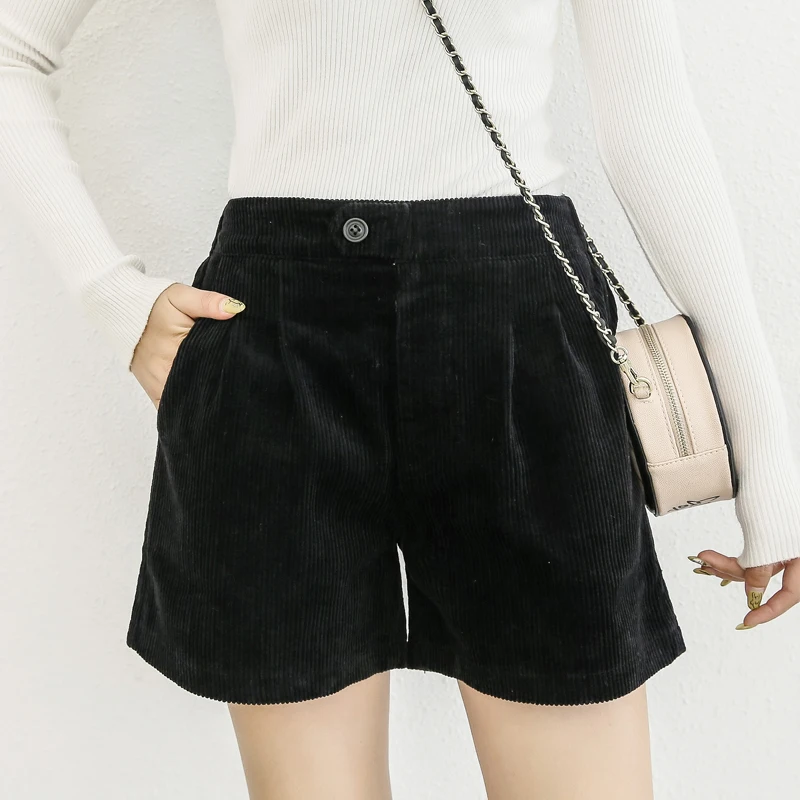 

Plus Size Shorts For Women Autumn Winter Plus Size Thick High Waist Corduroy Shorts Female Wide Leg black Loose Short Mujer