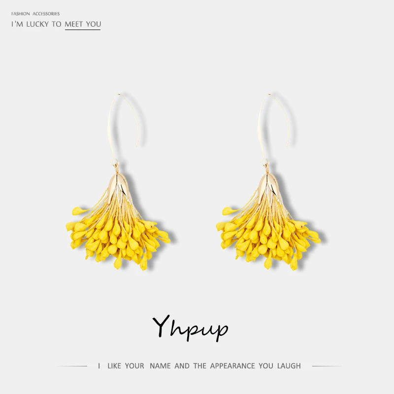 Yhpup, новые трендовые корейские желтые настоящие сухие цветы, висячие серьги, медные серьги для девушек и женщин, праздничные модные ювелирные изделия