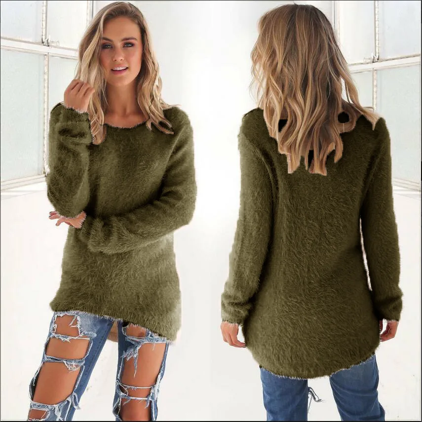 Плюс размер длинный рукав О образным вырезом плюшевый свитер для женщин асимметричный подол уличная Осень Зима Свободные повседневные теплые пуловеры женские топы - Цвет: 2129-Army Green