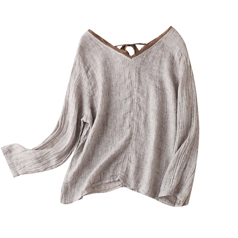 

Linen Top Women's Loose V-neck Lace-up Design Autumn Retro Linen Thin Long-Sleeved T-shirt Chinese Style Blouses 288