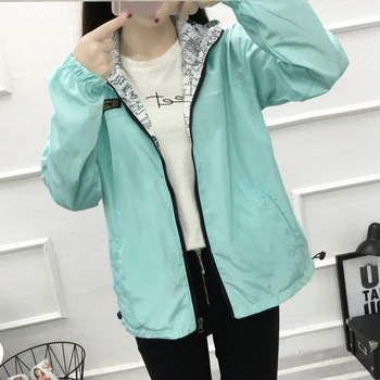 

Spring Autumn Women Basic Jacket Pocket Zipper Hooded Two Side Wear Cartoon Print Outwear Loose Coat Windbreaker Female G11005
