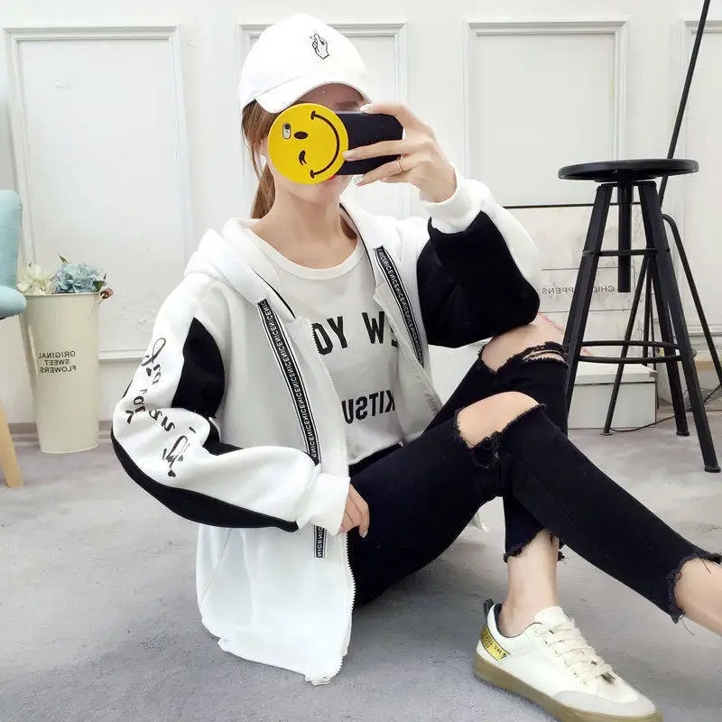 Autumn Winter Women's Sweatshirts Plus Velvet Thickening Hooded Korean Version Of The New Couple Zipper Jacket Harajuku Tops