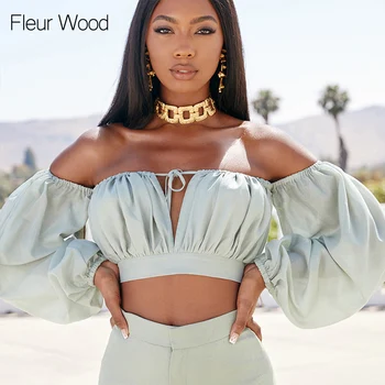 

Fleur Wood Hollow Out Lantern Sleeves Pleated Neckline Tops Strapless Short Sexy Solid Color Casual Women's Tops
