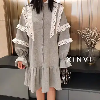 

2020 Spring New Style Korean-style Elegant Women Dress Loose-Fit Bell Sleeve Dress Joint Lace Casual Long-sleeved Dress