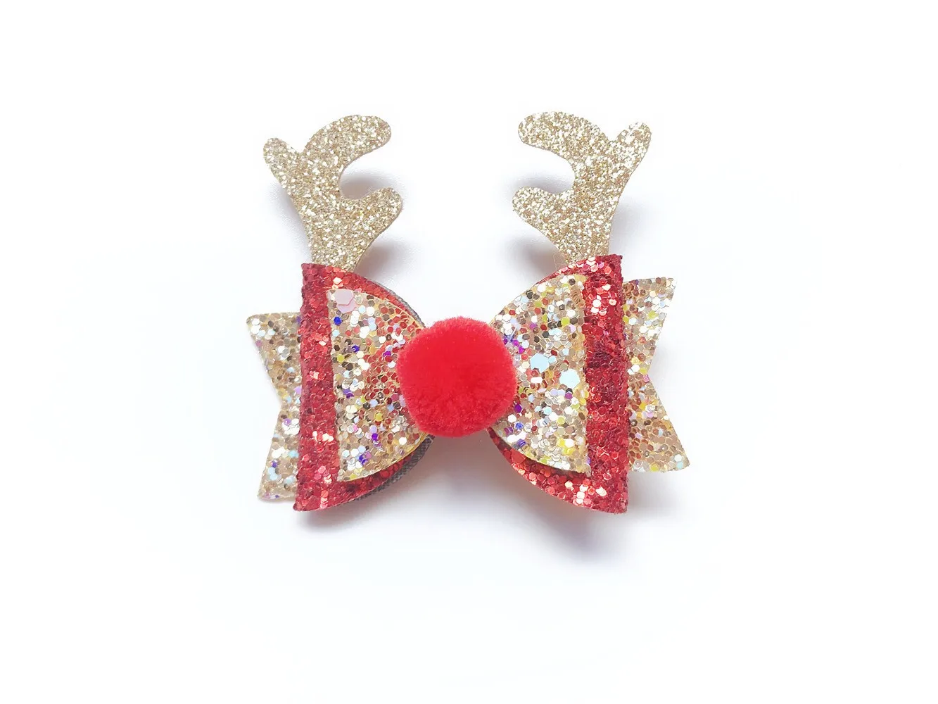Красный 20pcs ins Fashion Glitter Reindeer Ears Bowknot Hair Clips Solid Pom Pom Bow Hairpins XMAS Headwear Boutique Hair Accessories - Цвет: Красный