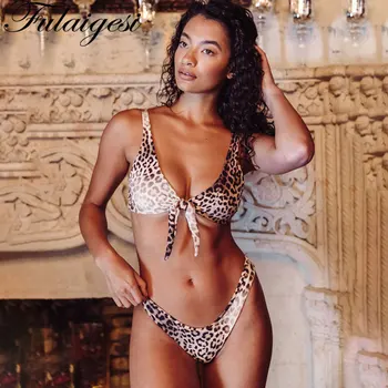 

Women leopard sexy swimsuit high cut bikini set front knot swimwear sport triangle bikini female sexy bathing suits Minikinis