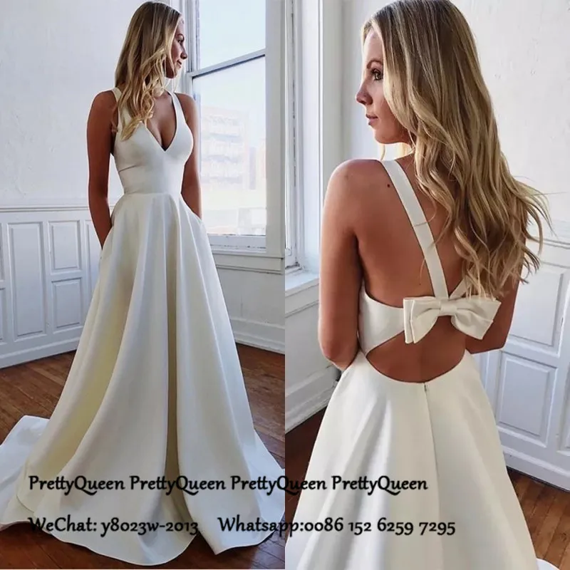 

Vintage Long Wedding Dress With Bow Criss Cross Back White Satin Plunging Neck Vestido De Noiva Bridal Dresses For Women