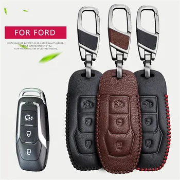 

Smart Leather Car Key Case Cover for Ford Mondeo Mk3 Mk4 Mk5 Focus Ranger Mustang Fusion Kuga Fiesta Ranger Key Fob Chain Holder