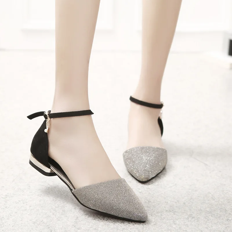 

2018 Spring Summer Korean-style Fashion Slimming A- line Buckle Foreign Trade Large Size Women's Pointed-Toe Flat Closed-toe WOM