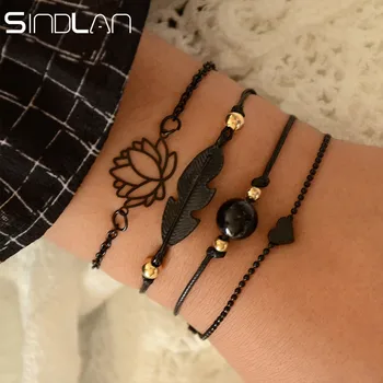 

Sindlan 4PCs Gothic Black Feather Lotus Bracelets Set Heart Charm Boho Bangles for Women Wrist Chain Bracelets Fashion Jewelry