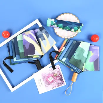 

Three Fold Mini Seabed Automatic Umbrella For Women Men Anti-UV Umbrellas Feather Pattern Folding Rainy Umbrella Gifts