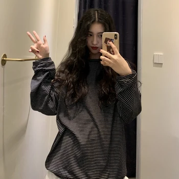 

Loose Striped Long-sleeved T-shirt Female Korean Harajuku Women's T-shirts Tops Japanese Kawaii Ladies Ulzzang Clothes For Women