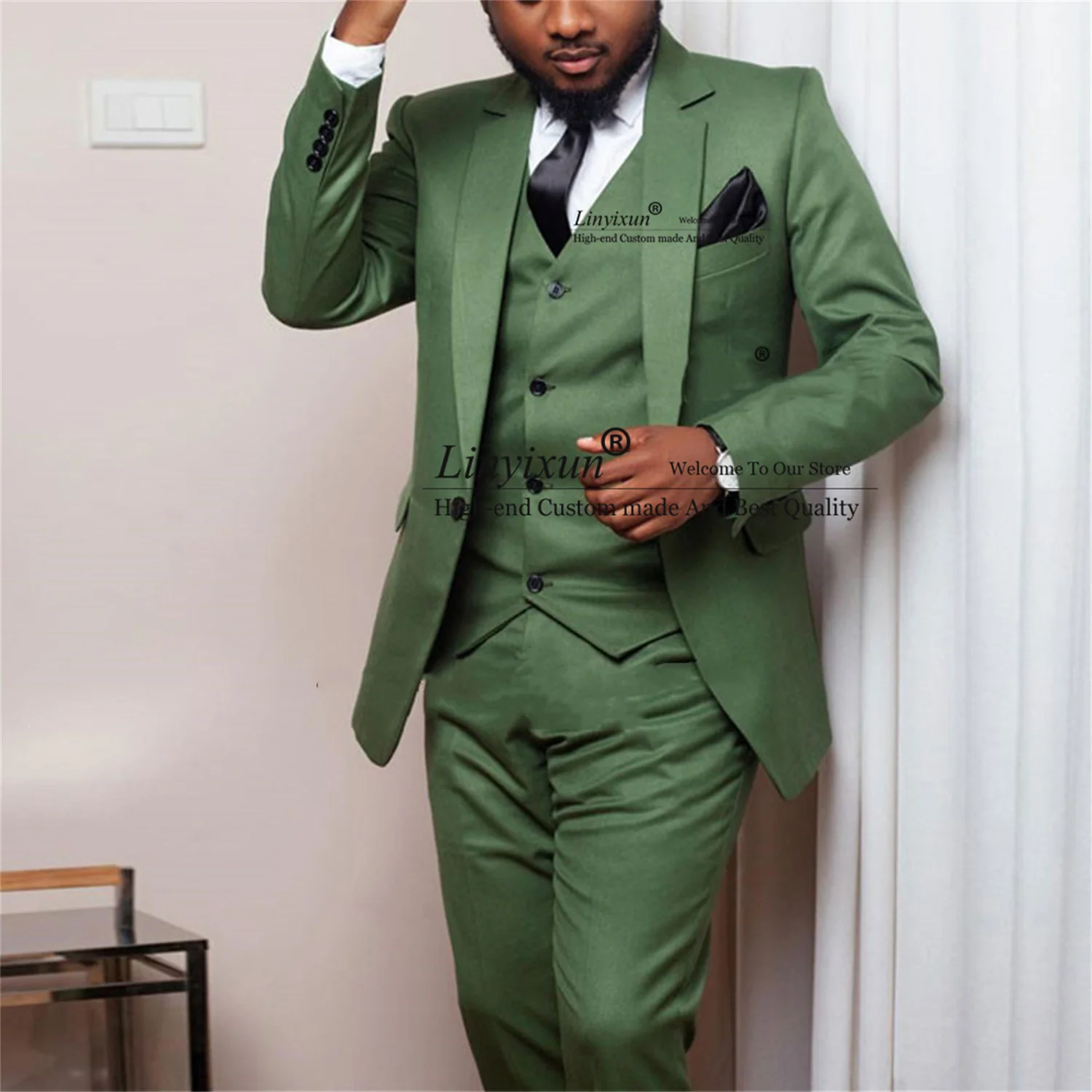 

Fashion Green Men Suit For Wedding Slim Fit Trajes De Hombre 3 Piece Set Groom Tuxedos Casual Male Prom Blazer Vest Pants Outfit