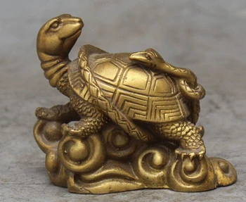 

0 4" Chinese Bronze Wealth Money Longevity Dragon Turtle Tortoise Snake Statue