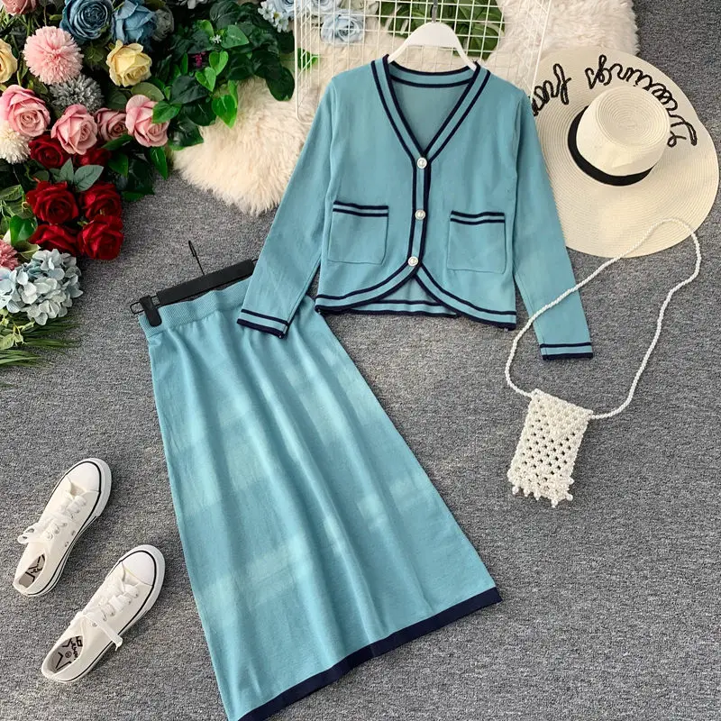

LUOSHA Korean 2019 Autumn New Women Two Piece Sweater Set Striped Single Breasted Cardigans Knitted Top And A Line Skirt Suit
