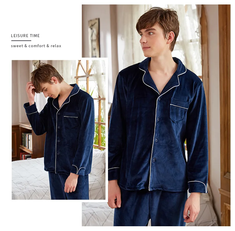 CAVME Flannel Pajama Sets for Lovers PLUS SIZE Homme Sleepwear 2 Pieces Full Pants Solid Color Pyama Set Elegant Nightwear