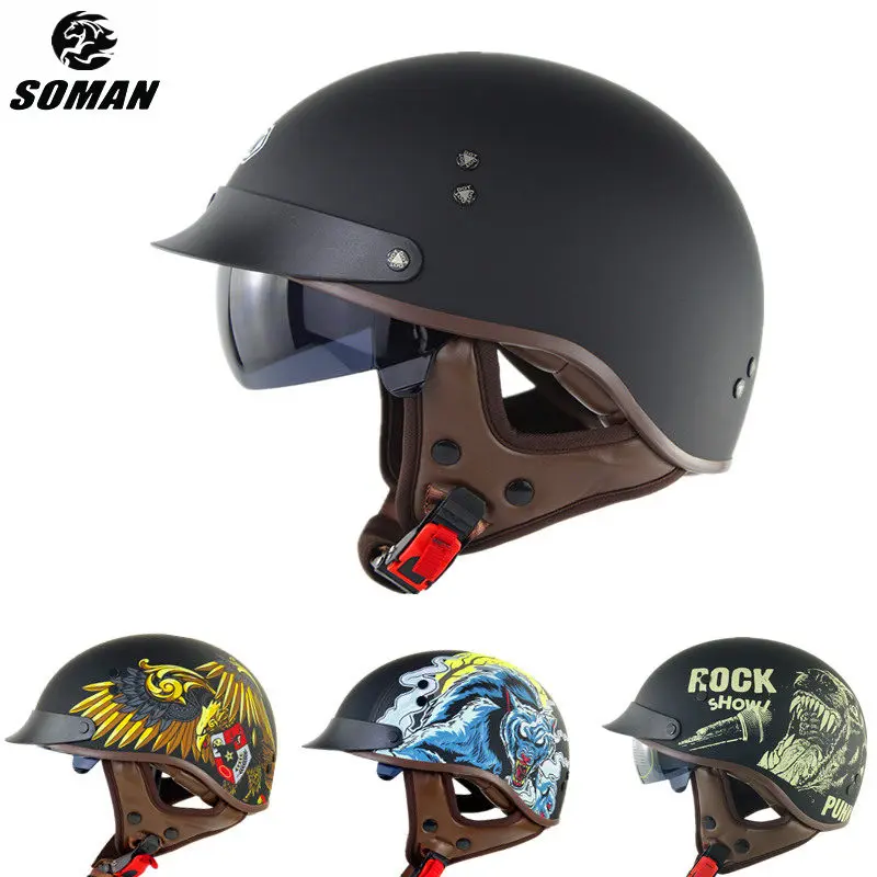 SOMAN Half Helmet Cool Printed Dot Half Face Capacete De Moto Retro Scooter Helmet Motorcycle Vintage Motorad Helm High Quality