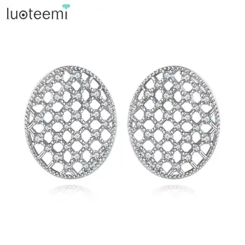 

LUOTEEMI Trendy Oval Shape Hollowed Crooked Stud Earrings for Women Girls Wedding Dating with CZ Fashion Jewelry Christmas Gift
