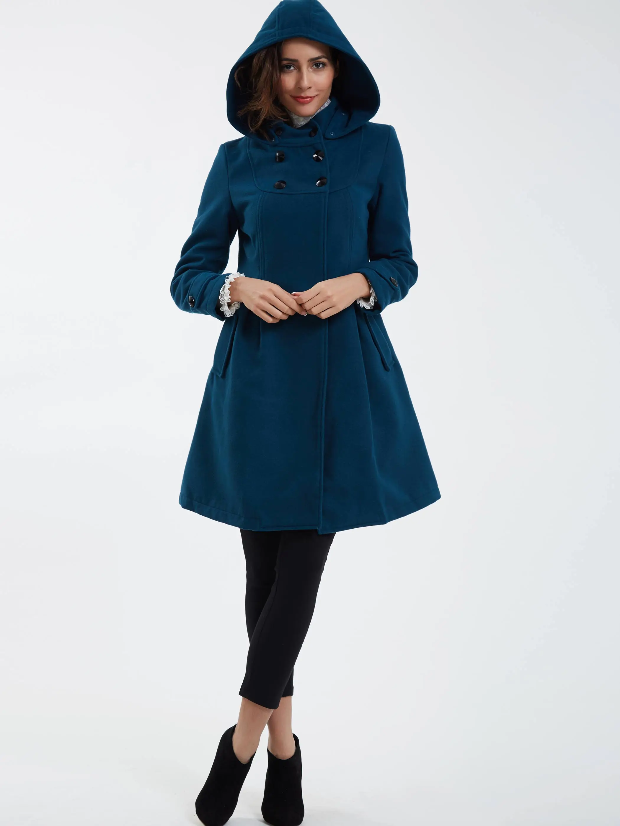 Women Coats Casual Vintage Elegant Winter Black Office Lady Plus Size Slim Hooded Button Green Female Fashion Retro Overcoats