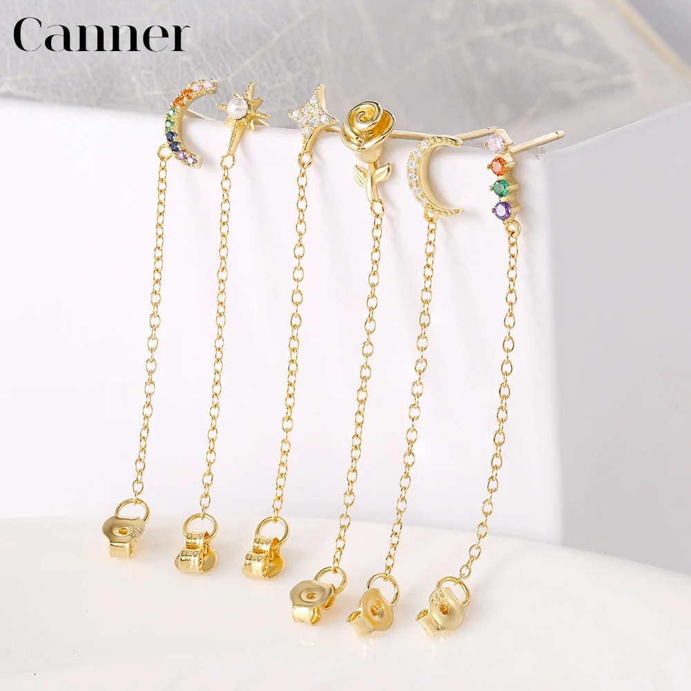

Real 100% 925 Sterling Silver Rainbow Moon Star Stud Earrings for Women Crystal Zircon Chain Earring Gold Silver Ear Jewelry