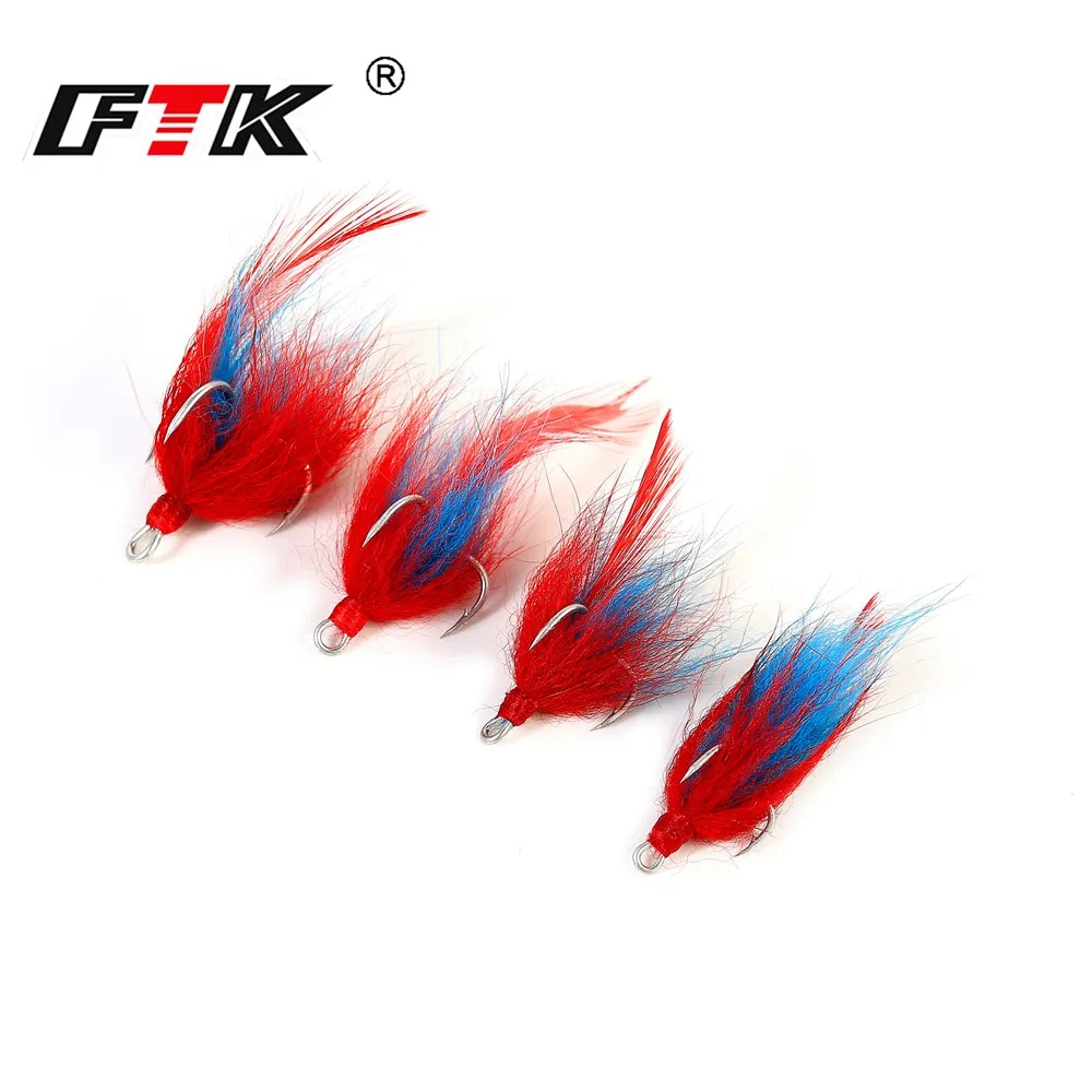 FTK 1/2/4/6# Tin Plating High Carbon Steel Treble Hooks With Hair Hard Lure Fly Fishing Tackle Round Triple Sea Fishing Hook