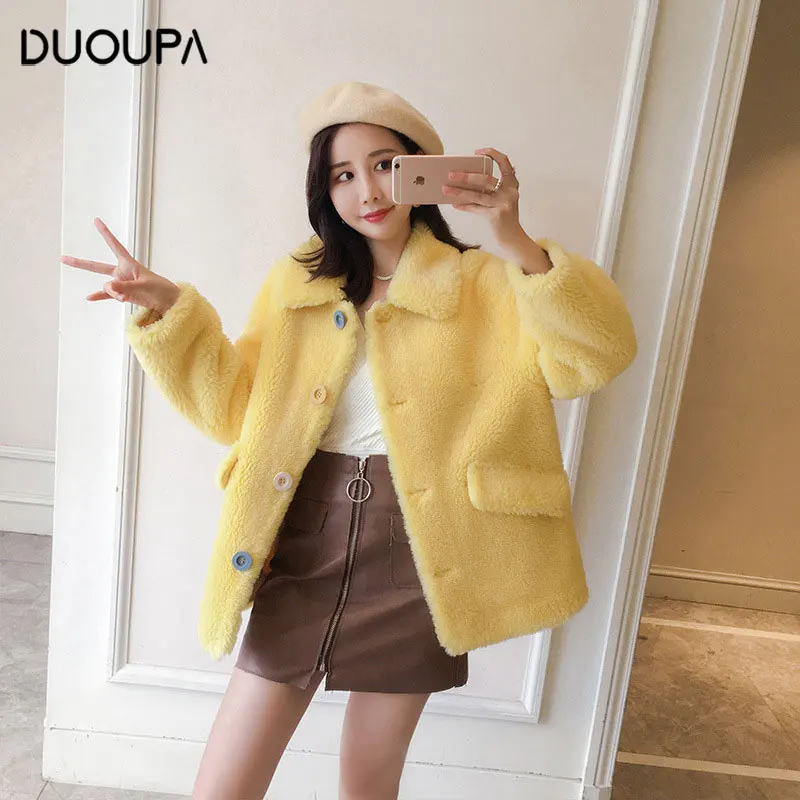 

DUOUPA 2019 New INS Net Red Fashion Women's Jacket Coat Granule Sheep Shearing Coat Female Short Composite Fur One Wool Fur Coat