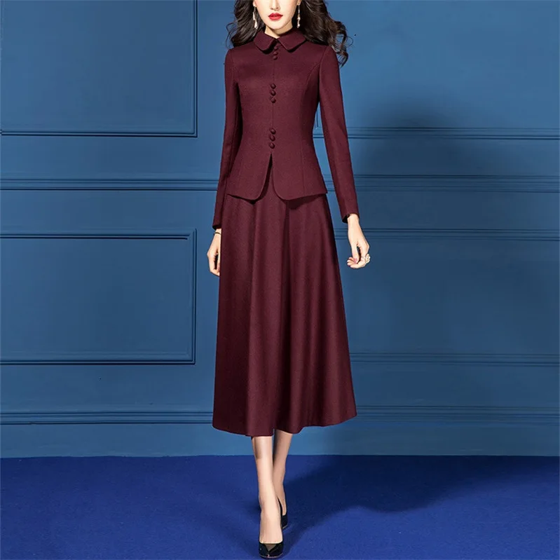 Vintage Autumn Winter Women's Dress Suits Set Wool Slim Blazer Jacket Woolen 2 Two Piece Office Lady Clothes Burgundy Outfits