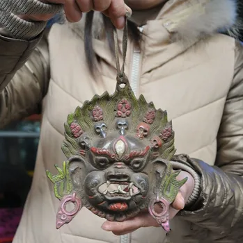 

wedding decoration 7"Old Tibet Buddhism bronze Painted Skull Head Mahakala Buddha mask wall hanging