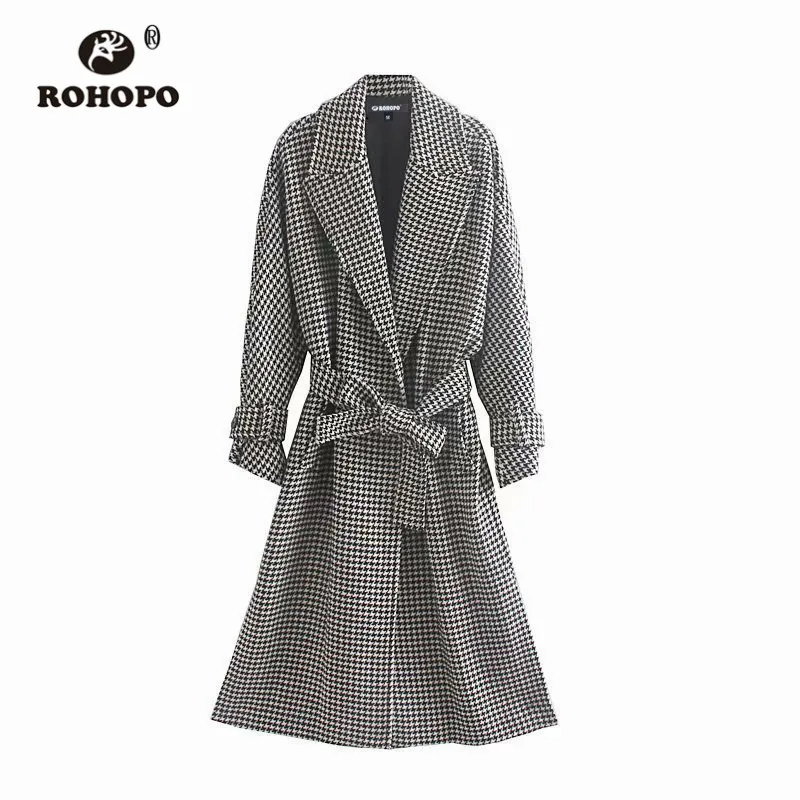 ROHOPO Houndstooth пояс Зубчатый воротник миди серый смесь Пальто Кнопки для пряжки Culf передний рант карманы осенние клетчатые Капа#9293 - Цвет: CN SIZE