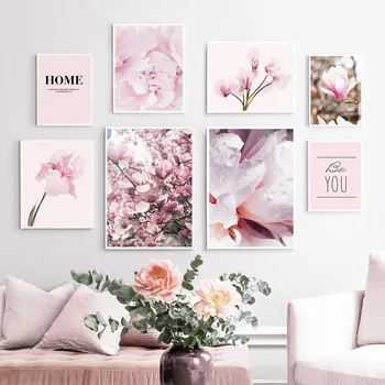 

Pink Magnolia Peony Flower Home Quotes Wall Art Canvas Painting Nordic Posters And Prints Wall Pictures For Living Room Decor