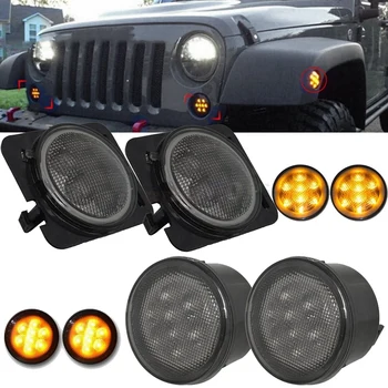 

4Pcs Led Turn Signal+ Side Marker Fender Lights Drl White Halo Smoked Lens for Jeep Wrangler Jk 2007-2017