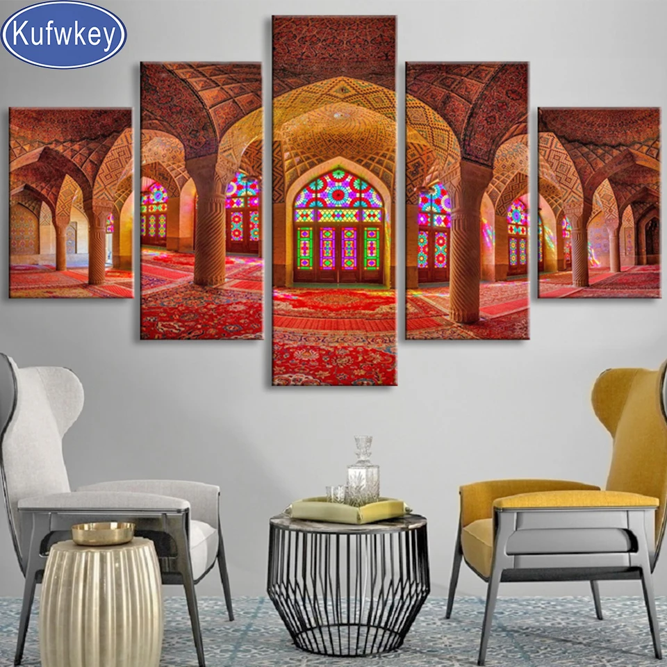 

Multi-Panel Diamond Painting Landscape 5 Pieces Diamond Embroidery Mosque Picture Of Rhinestones Diamond Mosaic Home Decoration