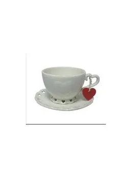 

Breakfast Set two cups with saucers ceramic white and little hearts