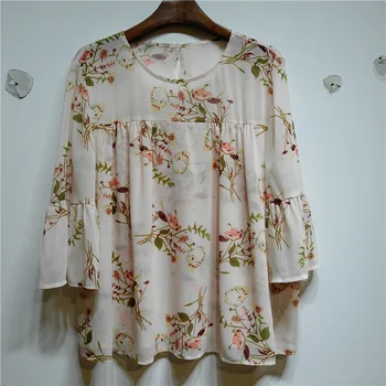 

Women's Three Quarter Sleeve Blouse O-neck Double-Layer Elegant Loose Print Shirt