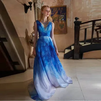 

2019 Fashion Gradient Blue Sexy V-Neck Sleeveless Long Vestidos Women Elegant Celebrity Evening Party Maxi Dresses Wholesale
