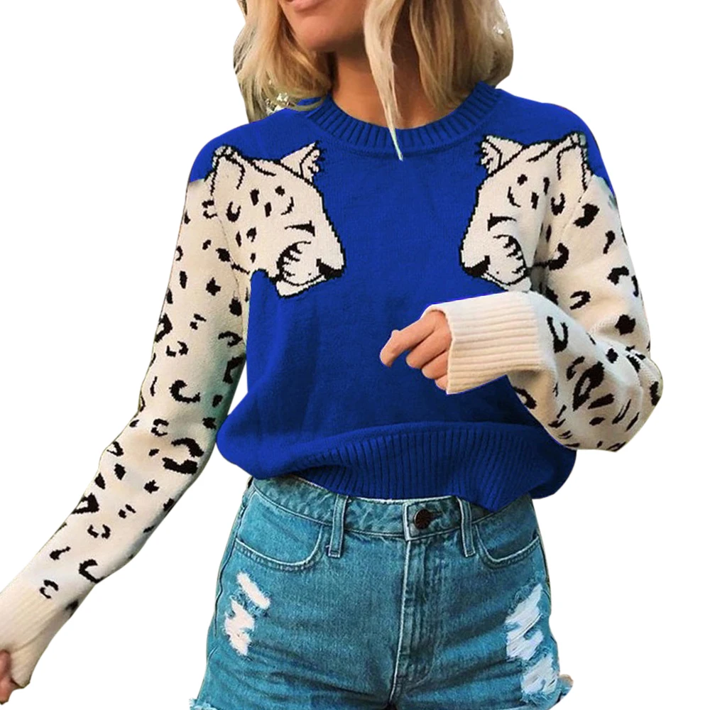 Свитер для женщин контрастного цвета мозаичная леопардовая рубашка с длинными рукавами женская трикотажная Повседневная Свободная осенняя одежда с круглым вырезом - Цвет: blue