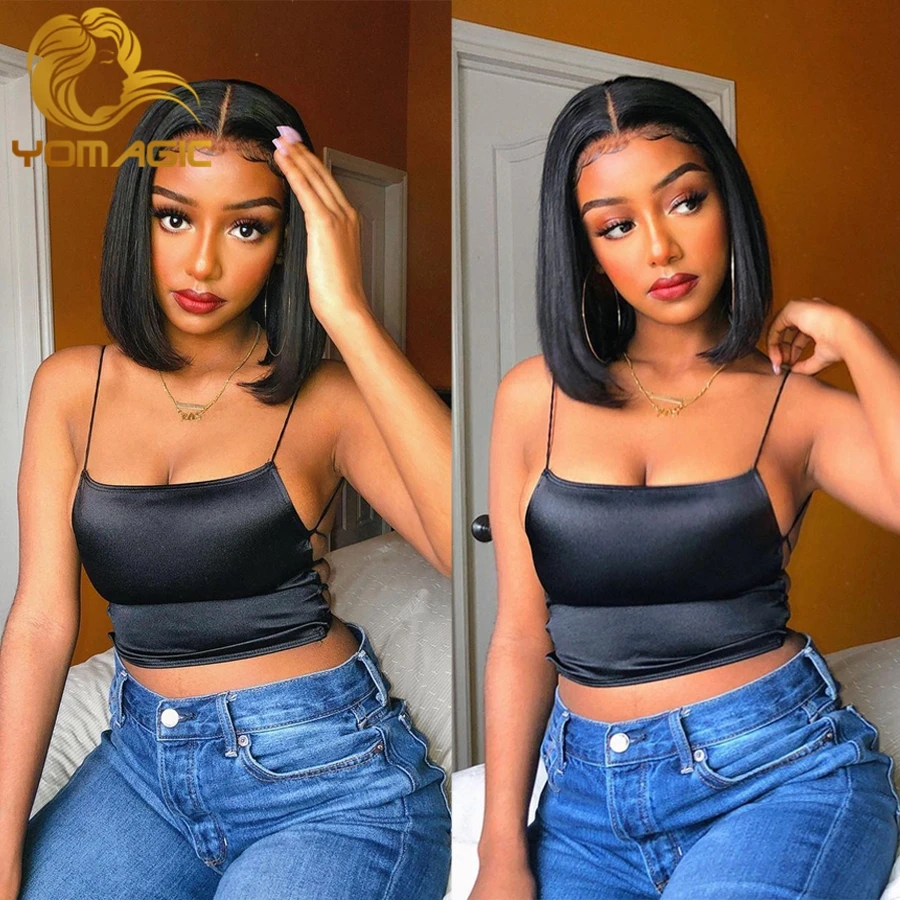 Yomagic Hair Black Color Synthetic Hair Lace Part Wigs with Baby Hair Straight Hair Short BoB T Lace Wigs with Pre Plucked