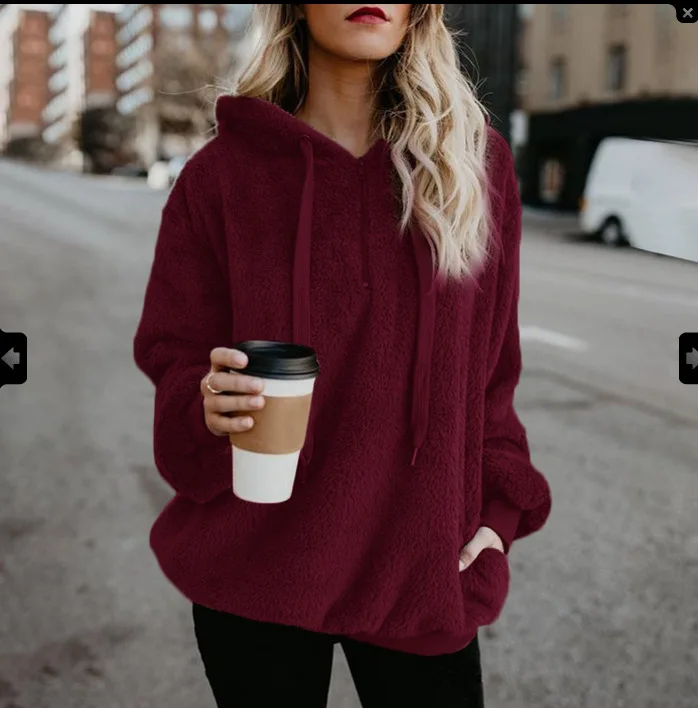 Women's Autumn Winter Suede Long-sleeve Hoodies Loose Casual Velour Hoodies Pullover Sweatshirt Large Size Sherpa Pink Clothes