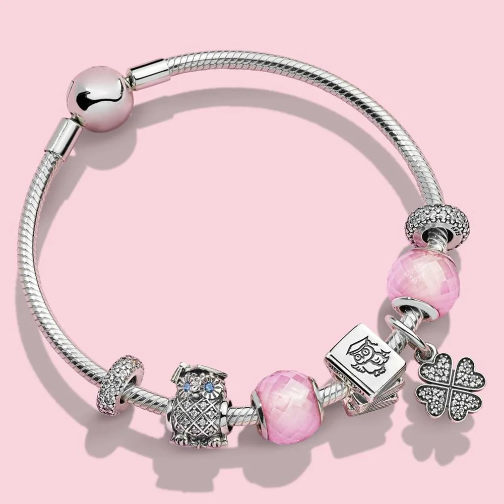 

Keris Shop 100% 925 Sterling Silver Study Book Four-leaf Clove Symbol of Lucky in Love Hanging Charm GRADUATE OWL Bracelet Set