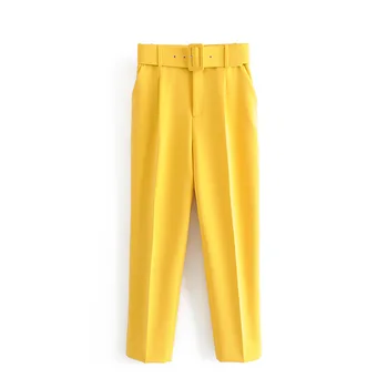 

Western Style New Style WOMEN'S Dress Slim Fit Slimming Belt Accessories High-waisted Casual Pants Yellow Capri Pants
