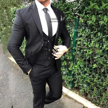 

Black One Button Groomsmen Notch Lapel Groom Tuxedos Men Suits Wedding Prom Dinner Best Man Blazer 3 Pcs(Jacket+Pants+Tie+Vest)
